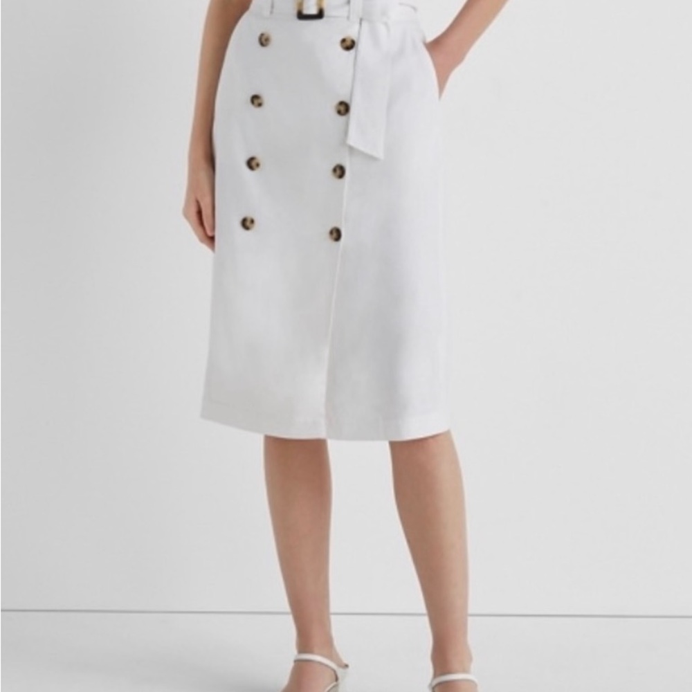 NWT - Club Monaco White Linen Blend Belted Buttoned Pencil Skirt - Size 8